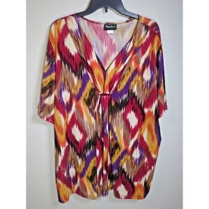 Maggie Barnes 2X Shirt Top Purple Red Gold Short Sleeve Tunic Lightweight